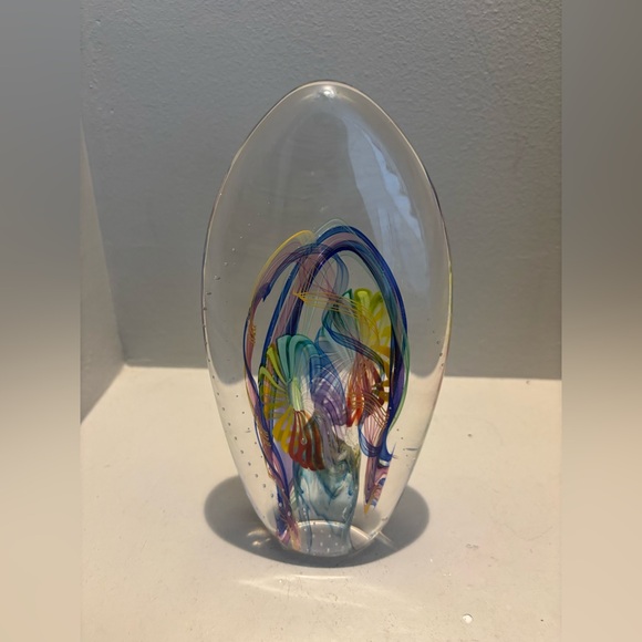 Large glass oval heavy colorful swirl bubble Art Sculpture- Collectable modern